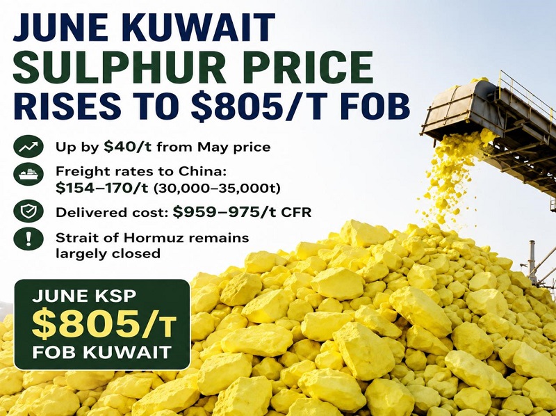 KPC de Kuwait eleva el precio de oferta FOB del azufre de junio a 805 dólares por tonelada
